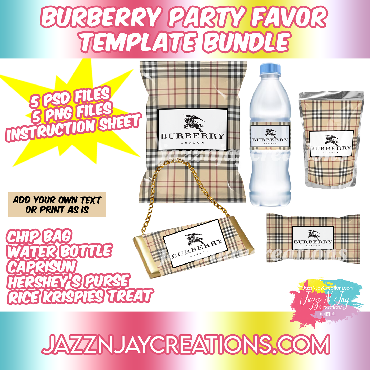 Pink Burberry Party Favor Template Bundle