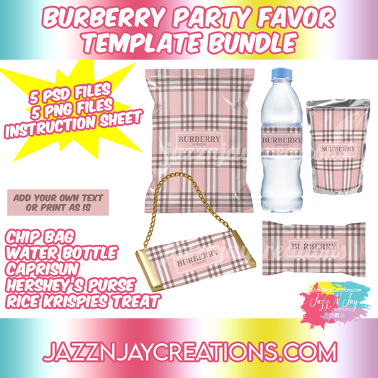 Pink Burberry Party Favor Template Bundle